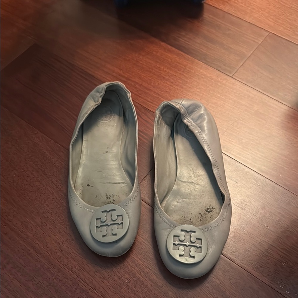 Tory Burch Gray Leather Minnie Flats with Medallion Logo